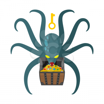 Octopus guarding pirate treasures . Gold chest kraken. Cthulhu and gold jewelry. Dreaded clam Monster keeps tentacled chest with precious stones and gold coins