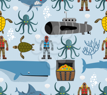 Ocean seamless pattern. Marine life: whale and turtle. Octopus and submarine. Shark and diver. Vector background fabric on marine theme.