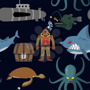 Deep sea seamless pattern. Diver and shark on black background. Sea turtle and submarine, octopus and deep-sea angler. Repeated ocean vector ornament.