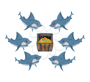 Sharks and prey. Chest of gold and an angry fish. Vector illustration business allegory. Section profit
