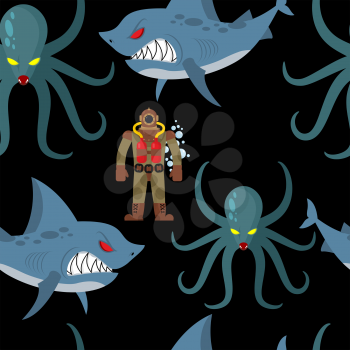 Diver in old diving suit and sea monsters seamless pattern. Wicked shark and terrible octopus on black background. Vector ornament sea world