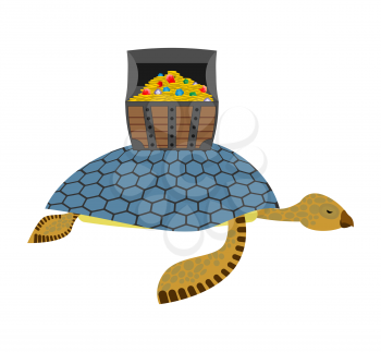 Water Turtle and treasure chest. Marine reptiles are lucky pirate treasure on  shell. Wooden box with gold and precious stones. Vector illustration
