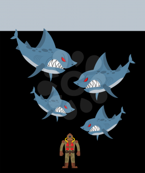 Diver is surrounded by sharks. Underwater abyss and evil sharks want to eat person in old diving suit
