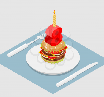 Birthday 8 years old burger. Hamburger and candle isometrics. Figure eight with candle. fast food Anniversary Celebration. Fresh sandwich with cutlet and cheese. Cheerful celebration
