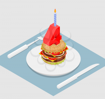 4 years birthday burger. Number four with candle. Burger anniversary celebration. Festive fast food. Happy holiday birthday
