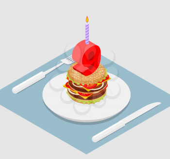 9 years birthday burger. Hamburger and candle isometrics. Number nine with candle. fast food Anniversary Celebration. Fresh sandwich with cutlet and cheese. Cheerful celebration
