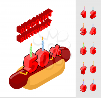 Discounts for birthday when buying hot dog. Candles and figures for sales. Reducing cost of fast food on day of birth. Bun with sausage and mustard and set isometric rooms