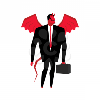 Devil businessman. Satan is boss of hell. Lucifer in business suit. Red demon with wings and carrying case. Mephistopheles business man. Prince of Darkness with suitcase. devil with horns
