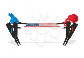 Elephant and donkey pulled american flag. Democrats and Republicans share electorate. Two people pulling USA flag. Section countries. Illustration for  elections. Debate symbol of political parties
