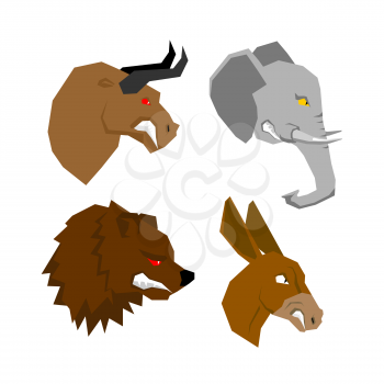 Angry animal set. Aggressive bull with red eyes. Scary elephant with tusks. Horrible bear with grin. Ferocious donkey with long ears. Wild animals
