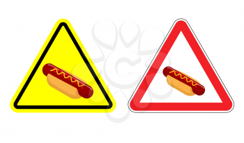 Warning attention hot dog sign . Dangers yellow sign fast food. Bun and sausage with mustard in red triangle. Set of road signs against harmful food
