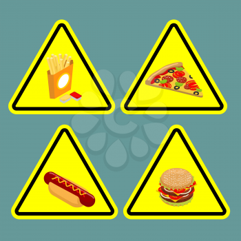 Warning sign fast food. Dangerous foods containing lot of fat. Many of calories. Unhealthy food. Pizza and hamburger. Hot dog and french fries. Collection of road signs
