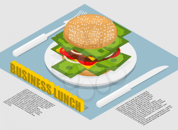 Business lunch infographics. Hamburger with money on plate. Cutlery fork and knife. use of cash. on food costs from businessmen during work
