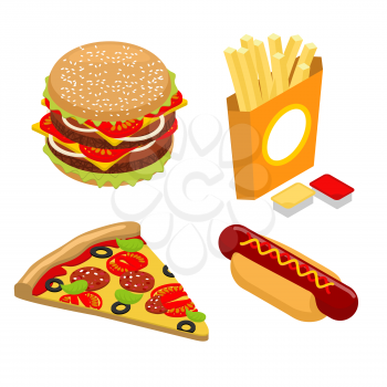 Set Fast food isometrics. Big juicy hamburger and chop. French fries in paper box. Ketchup and cheese sauce. Piece of fresh pizza with sausage and tomatoes. Delicious hot dog. Bun and sausage with mus