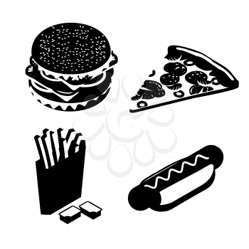 Set Fast food silhouette. Big juicy hamburger and chop. French fries in paper box. Ketchup and cheese sauce. fresh piece of pizza with sausage and tomatoes. delicious hot dog. Bun and sausage with mus