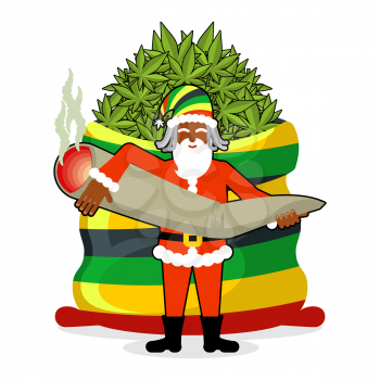 Rasta Santa Claus wishes. Big Red sack hemp . Bag of marijuana. Pile of green cannabis. great joint or spliff. Smoking drug. Cheerful grandfather with dreadlocks and Rastafarian hat. New Year in Jamai