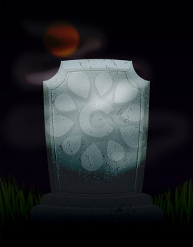 Twilight in cemetery at night. Moon on dark sky. mysterious Ghost Fog and tomb. Old Tombstone. Illustration for halloween scary holiday
