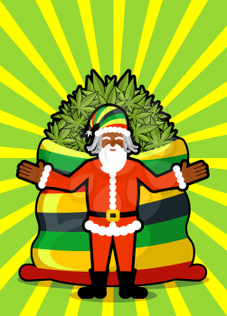 Rasta Santa Claus wishes. Big Red sack hemp. Bag of marijuana. Pile of green cannabis. Smoking drug. Cheerful grandfather with dreadlocks and Rastafarian hat. New Year in Jamaica
