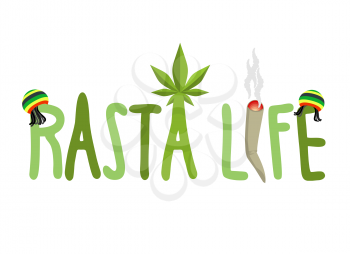 Rasta life typography. Hemp Rastafarian cap and dreadlocks. Rastaman letters. joint or spliff and cannabis