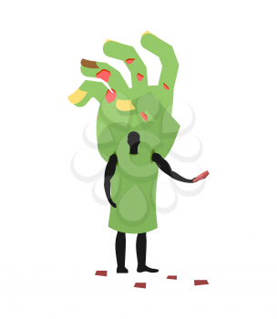 Zombie Hand costume man mascot promoter. Male in suit green arm distributes flyers. Puppets monster engaged in advertising goods