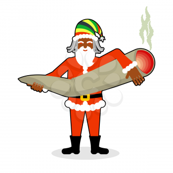 Rasta Santa Claus great joint or spliff. Smoking drug. Cheerful grandfather with dreadlocks and Rastafarian hat. New Year in Jamaica
