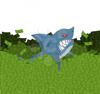 Business shark. Marine predator swimming in money. Green Wave dollars. Sea of cash. Toothy fish and money. Ocean Finance. Wealth