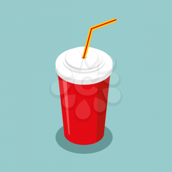 Red disposable paper cup with straw isometrics. Drink fast food
