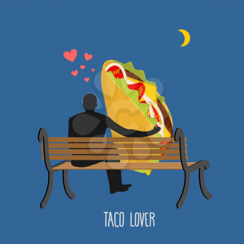 Lover taco. Mexican food and people are looking at moon. Date night. Man and meal sitting on bench. Month in night dark sky. Romantic illustration feed
