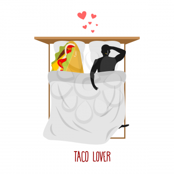 Lover taco. Love to Mexican food. Fastfood and man. Food lovers in bed top view. Man and food lie in bed. Smoking after sex. Pillow and blanket. Smoking cigarette after making love. Romantic illustrat