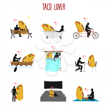 Lover taco set. Love to Mexican food collection. Man and fastfood in cinema. Lovers in bath. Romantic rendezvous with food. Boating feed. Joint walk. Cycling tandem. Breakfast in cafe. Picnic in park
