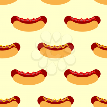 Hot dog with mustard seamless pattern. Sausage roll and texture. Food background. Ornament fast food

