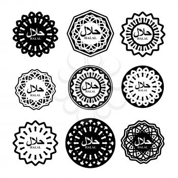 Halal sign. Muslim traditional food logo. Etiquette Arabic meal. Logo for Muslims permitted feed. Islamic ornament. 
