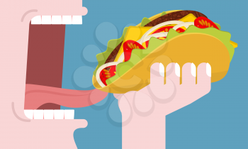 Man eating taco. Consumption of fastfood. Traditional Mexican food is national. Harmful breakfast. Open mouth with tongue and teeth. dinner consumption
