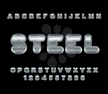 Steel font. Metal alphabet. Metallic shimmering letters. Chrome lettering. ABC of iron

