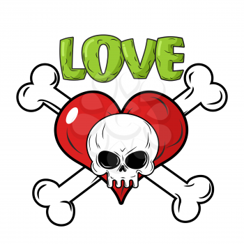 Skull and heart. Love to death is an emblem for feast of St. Valentine. Crossbones and skeletons head. Red heart symbol of love.
