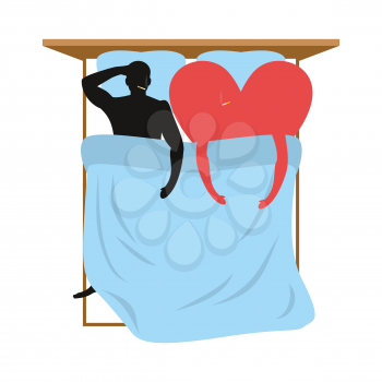 Love in bed. Lovers in bed top view. Man and heart lie in bed. Smoking after sex. Heart- symbol of love. Pillow and blanket. Smoking  cigarette after making love. Blue Bedding. Romantic illustration
