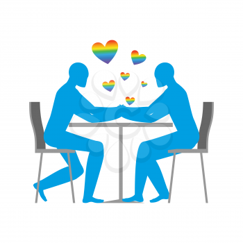 Gays in cafe. Rainbow heart - symbol of LGBT love. Two blue men sitting at table. Lovers in the restaurant. Romantic date in public place. Romantic illustration
