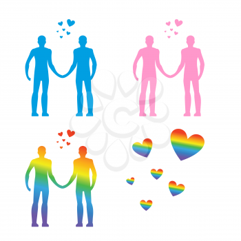LGBT silhouettes. Same-sex love. Gays and lesbians. Blue and pink people. Heart rainbow - symbol of LGBT community
