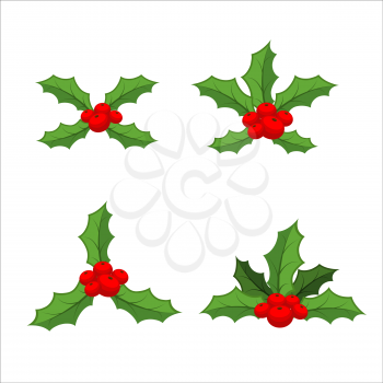 Sprig of mistletoe set. Traditional Christmas plant. Holiday red berry with green leaves. Decorating for national Festive on white background. xmas design template