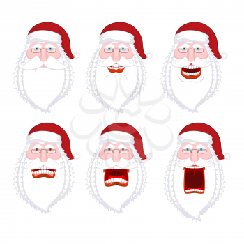Santa Emoji collection. Santa Claus set of emotions. Angry and funny. Screams and he is smiling. Christmas face. New Year grandfather head. Red cap and beard
