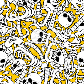 Skeleton background. Bones seamless pattern. Skull ornament. Anatomy texture. Hell pattern. Skull and spine. jaw and pelvis. Halloween template. Religion design
