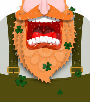 Leprechaun screams. Scary Gnome red beard shouts. Angry dwarf shout. grandfather in green coat. Open your mouth and teeth. Illustration for St. Patricks Day. National Holiday in Ireland
