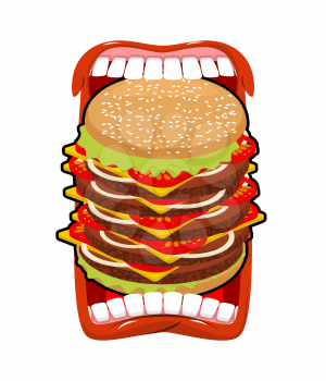 Big hamburger mouth. Strong hunger. Great burger and open mouth. Breaking lips and dislocated jaw.
