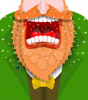 Leprechaun cry Illustration for St. Patricks Day. Scary Gnome red beard shouts. Angry dwarf shout. grandfather in green coat. Open your mouth and teeth. National Holiday in Ireland
