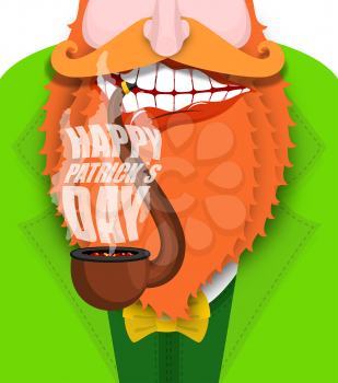 Leprechaun smokes pipe. Patricks Day. Smoking set brier and Smoke, embers. Red beard. Open your mouth and teeth. National Holiday in Ireland
