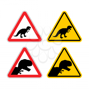 Warning sign of attention dinosaur. Dangers yellow sign Tyrannosaurus Rex. Prehistoric monster lizard in red triangle. Set of road signs
