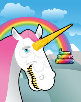Unicorn on landscape. Turd unicorn. Rainbow of shit. Clouds and sky. Magic animal laughs. Laughter magical beast
