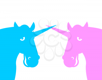 Two unicorn. Pink fanatical beast. Blue fabulous animal with horn.
