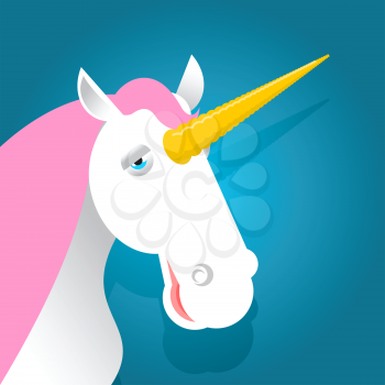 Unicorn fabulous beast with horn. Magic animal with pink mane on blue background
