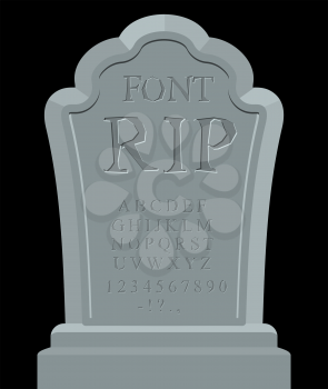 RIP font. Ancient carved on tombstone of ABC. Tomb of alphabet. Set of letters to write on grave
